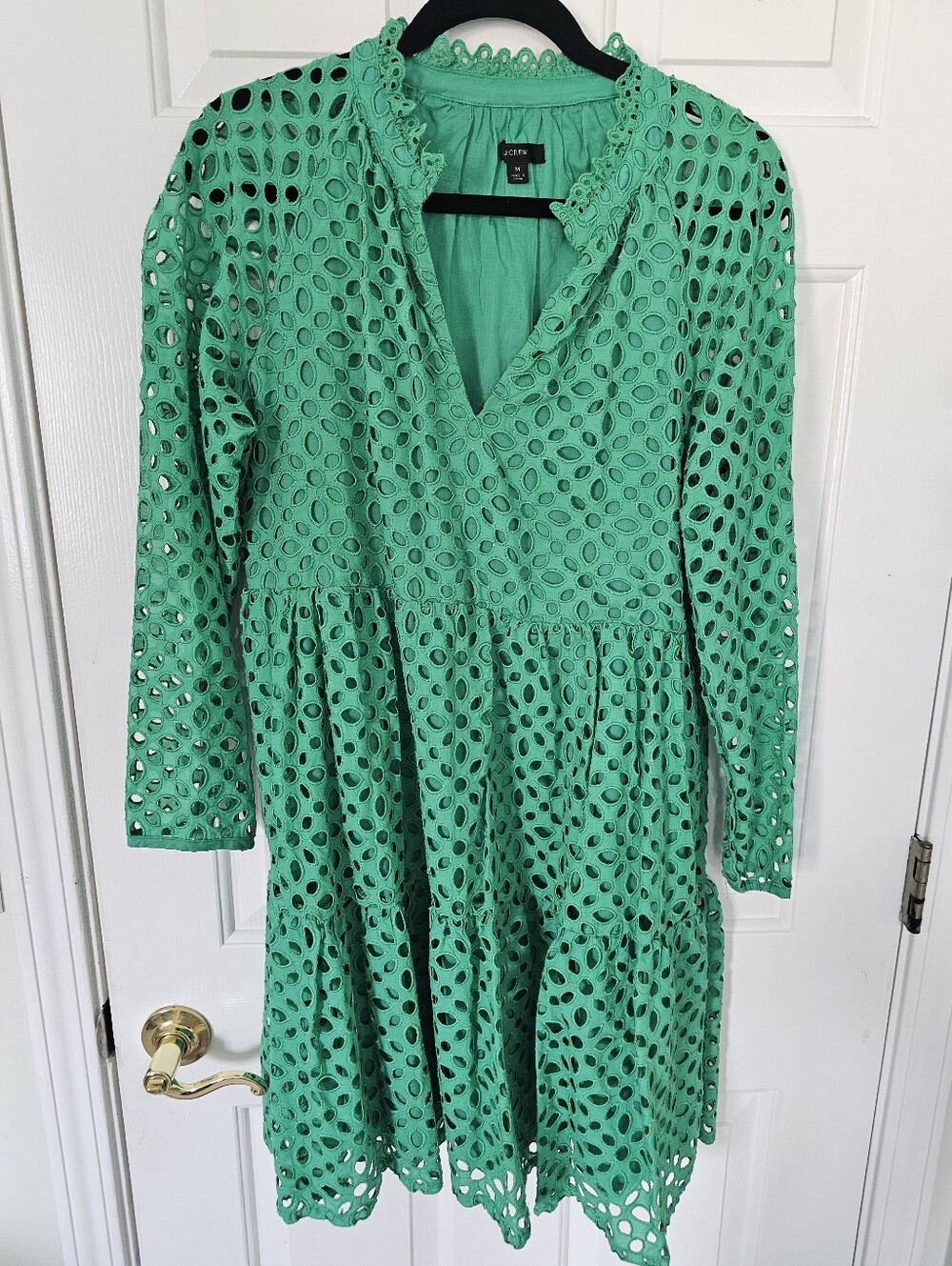 J.Crew Green Eyelet Tiered Mini Dress Size Medium Cotton Lace